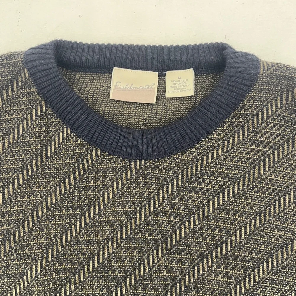 Fieldmaster Mens Size M Pullover Sweater‎ Blue Beige Crew Neck Long Sleeve